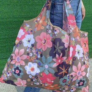 Shopping Tote Flowers Brown Blue Pink Packable